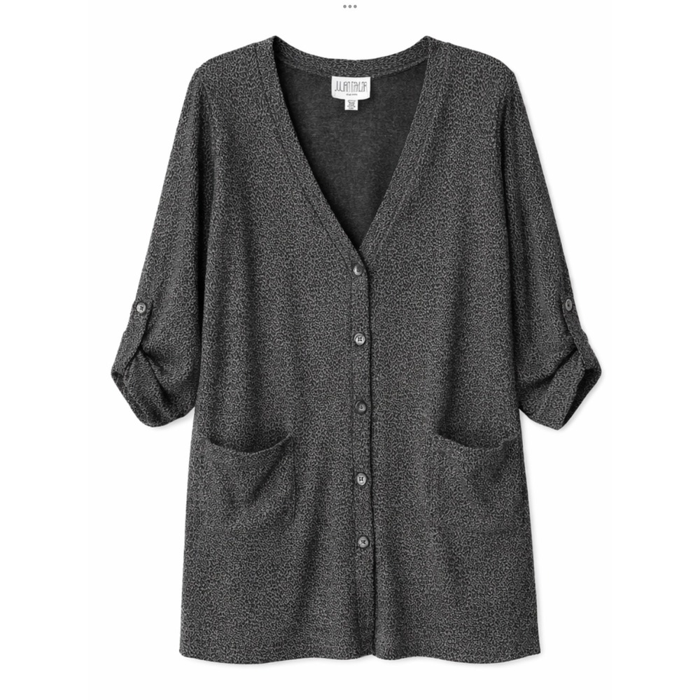 Julian Taylor Grey‎ Black Animal Print Roll Tab Sleeve Long Cardigan Sweater 14W
